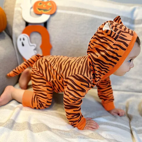 Vista 5 de AGQT Disfraz de tigre de bebé de una pieza con capucha para Halloween, talla 0-24 meses