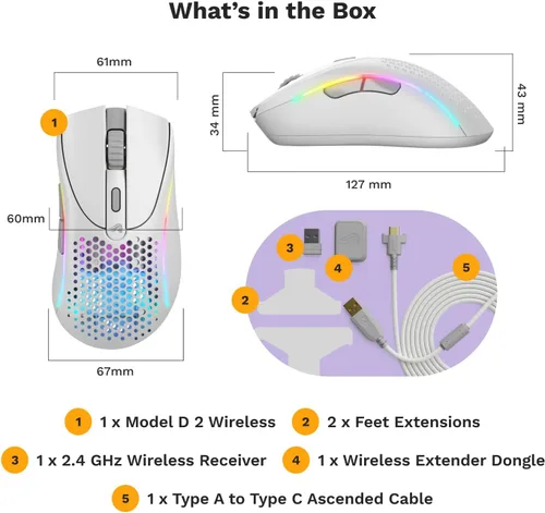 Vista 8 de Glorious Gaming - Mouse ergonómico inalámbrico modelo D 2, superligero 2.33 oz, hasta 210 horas de duración de la batería, sensor óptico de 26 K, 6