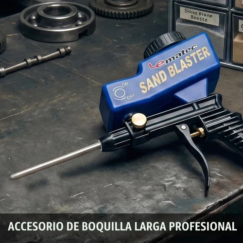 Vista 3 de LE LEMATEC Profesional Pistola de Chorro de Arena con Anexo de Boquilla Larga - Punta de Arenado de Precisión Definitiva para Compresores de Aire