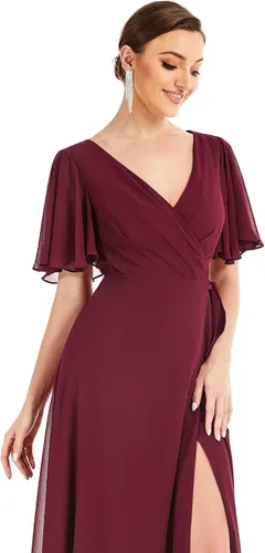 Vista 5 de Ever-Pretty Vestidos de noche de gasa para mujer, con cuello en V, mangas con volantes, abertura lateral, longitud al suelo, 0300A