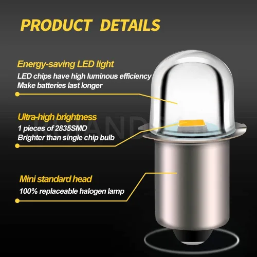 Vista 2 de Ruiandsion Bombilla LED de 3 V P13.5S Base Socket Blanco Cálido Bombillas LED de repuesto para linternas, antorcha de linterna, no polaridad
