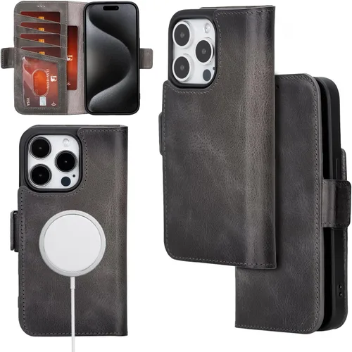 Vista 10 de Bayelon Cartera de cuero Cas para iPhone 15 Pro - Funda con tapa abatible, funda tipo cartera para iPhone 15 Pro, funda tipo cartera, función atril