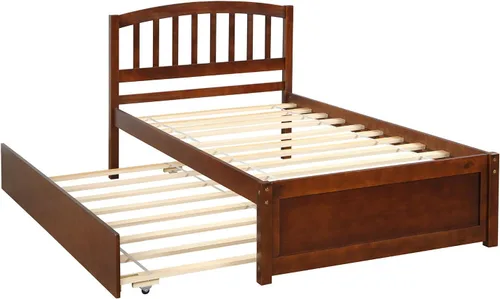 Vista 6 de Base de cama individual de madera maciza para niños con nido y cabecera curvada, base de cama de plataforma de perfil bajo con soporte de listones