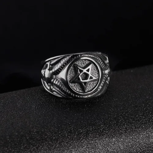 Vista 3 de Anillo de calavera para hombre, acero inoxidable, pentagrama, Wicca, gótico, bautismo, talla 7-13