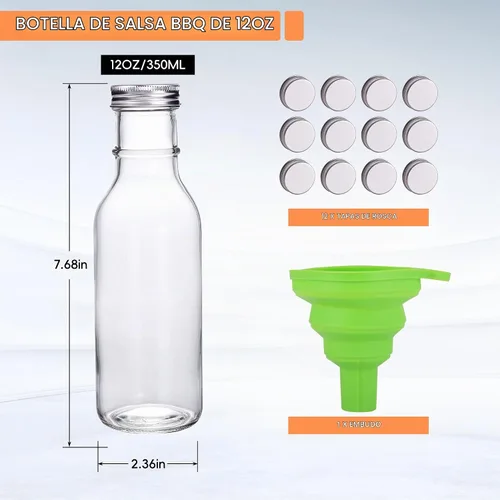 Vista 3 de Paquete de 12 botellas de vidrio para salsa picante de 12 onzas con tapas herméticas, botellas de vidrio vacías transparentes de 11.8 fl oz