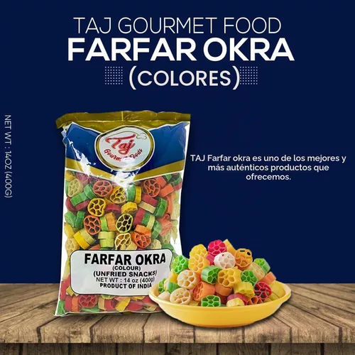 Vista 4 de TAJ Gourmet Farfar Fryums (tubo de pellets de trigo), 14.11 oz (Okra)