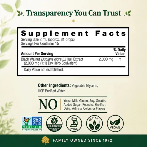 Vista 5 de Nature's Answer Black Walnut Hull 2000mg - 1oz, sin alcohol, sin OMG