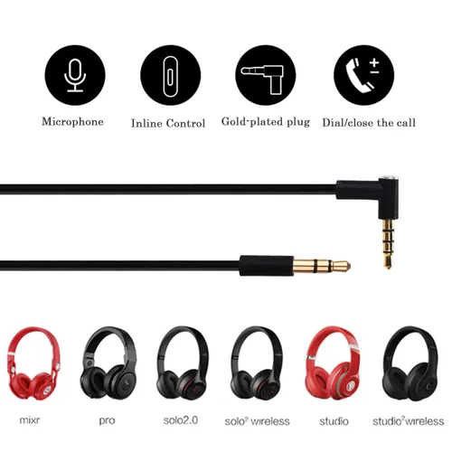 Vista 4 de Cable de audio de repuesto con micrófono en línea y control compatible con auriculares Beats Solo, Studio, Pro, Detox, Wireless, Mixr, auriculares