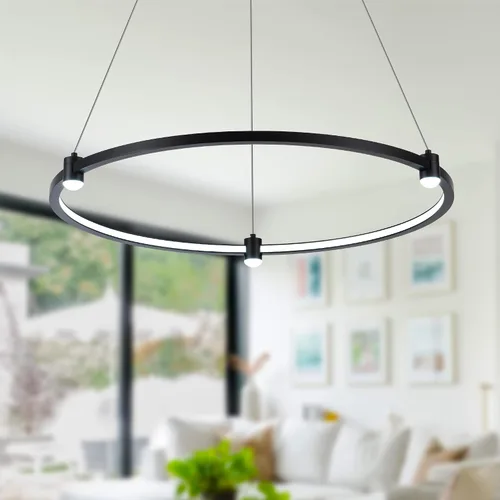 Vista 9 de Lámpara colgante LED moderna regulable de 23.6 pulgadas, color negro, 1 anillo circular, para sala de estar, comedor, cocina, oficina, vestíbulo