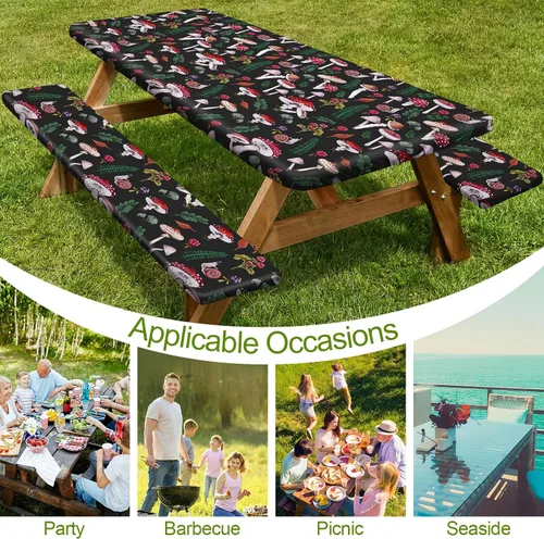 Vista 5 de Mantel de mesa de picnic con fundas de banco de 6 pies, 3 piezas, impermeable, resistente al viento, mantel de camping estético con bolsa
