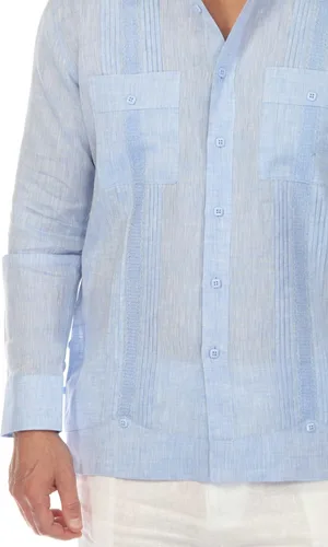 Vista 3 de Mojito Collection Guayabera de lujo de dos bolsillos de lino 100% para hombre con plisado incrustado
