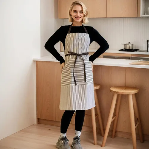 Vista 2 de Delantal de cocina con 3 bolsillos, delantal ajustable para servidor, delantal de camarera con bolsillos a rayas