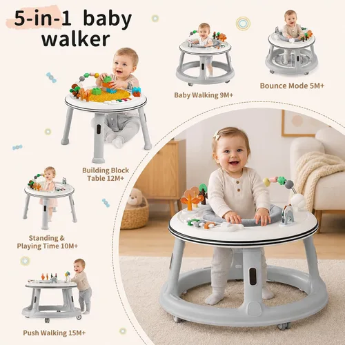 Vista 2 de Andador de bebé 5 en 1 con ruedas, gorila, andador de empuje y mesa de Gris
