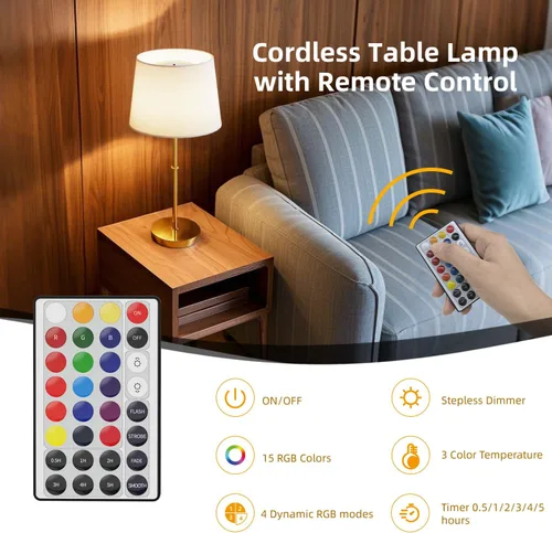 Vista 4 de Lámpara de mesa inalámbrica, lámpara de escritorio recargable de 5000 mAh con bombillas RGB magnéticas regulables y control remoto, funciona