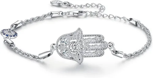 Vista 39 de Aniu Joyería de plata de ley 925 Hamsa de Fátima para mujer con circonita cúbica, viene con caja de regalo negra