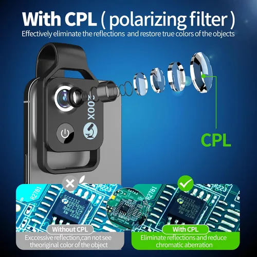 Vista 2 de Mini microscopio de teléfono con lente CPL/6 cuentas de luz LED, microscopio de bolsillo 200X con teléfono universal, accesorio de lente compatible