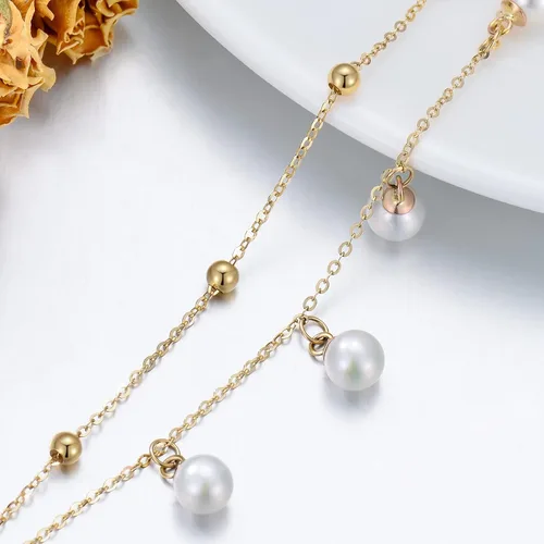 Vista 4 de Pulsera de oro macizo de 14 quilates para mujer, pulsera de perlas cultivadas de agua dulce de oro amarillo con doble cadena de regalo para ella