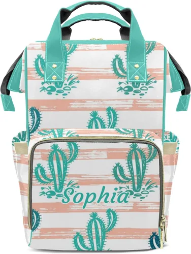 Vista 11 de Sunshine Pink Cactus - Mochila para pañales con nombre de gran capacidad, bolsa multifunción para mamá, papá, unisex, niño y niña, Diseño 1