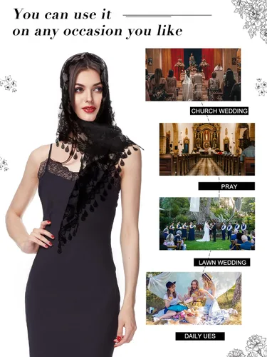 Vista 7 de 6 piezas de chal de encaje triangular velo de mantilla bufanda de borla floral católica ligera cubierta de cabeza para mujer velo catedral bufanda