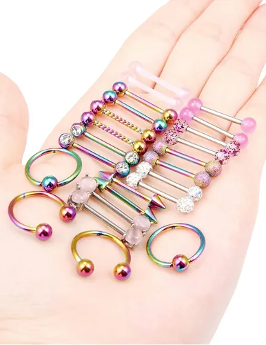 Vista 5 de Oufksiyy 12 pares de anillos para pezón elegante circonita cúbica piercing para pezón de acero inoxidable 316L 14G lengüeta para pezón palo palo