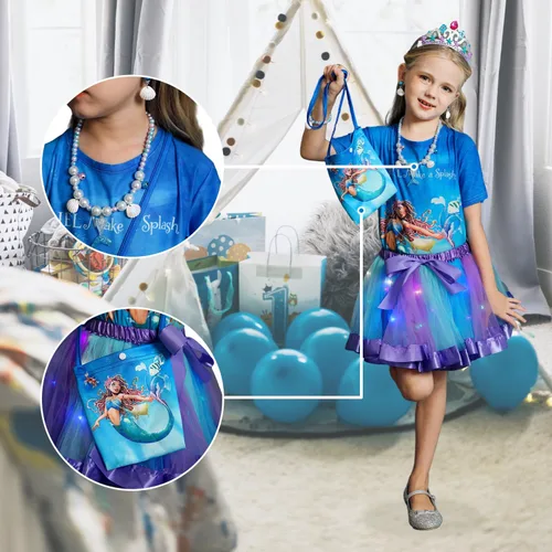 Vista 2 de Conjunto de disfraz de sirena para niñas con collar de corona, vestido de tutú arcoíris para fiesta de cumpleaños de Halloween