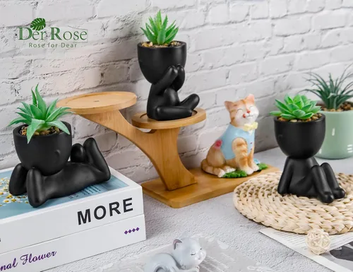 Vista 7 de Der Rose Paquete de 3 plantas suculentas falsas de maceta humana negra para Negro