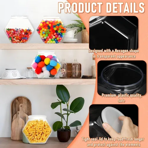 Vista 3 de EBOOT 4 tarros de plástico de 29 onzas para galletas de caramelo para encimera de cocina, tarro hexagonal con tapa, recipientes transparentes