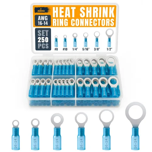 Vista 7 de ALBO Kit de terminales de anillo termorretráctil azul #10 de 250 piezas - Surtido de conectores de terminales de cable de 16-14 AWG, conectores