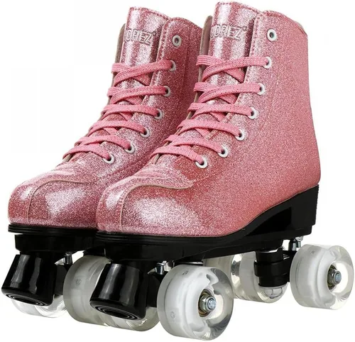Vista 2 de XUDREZ Patines de ruedas para mujeres y hombres, de piel sintética brillante, zapatos de patinaje de alta calidad para principiantes, patines