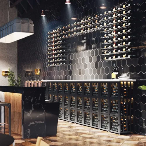 Vista 8 de VintageView Evolution Wine Wall 30 3C - Estante moderno para vino (54 botellas, negro mate/bronce dorado)
