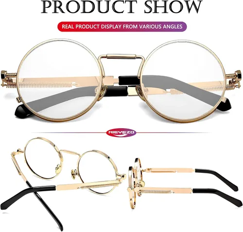 Vista 6 de AIEYEZO Gafas de sol redondas Steampunk con montura de metal gótico 100 bloqueo UV