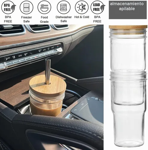 Vista 3 de ALINK Paquete de 2 vasos de vidrio con tapas y pajitas de bambú, vaso de vidrio Mason de 22 onzas, tazas Boba reutilizables, vasos de café helado