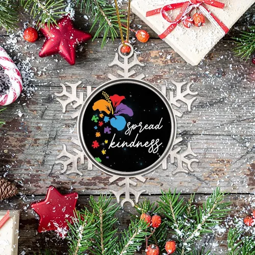 Vista 7 de Adornos para árbol de Navidad – Difunde flores para autismo y decoraciones navideñas de copo de nieve – Recuerdo de metal para el nuevo hogar