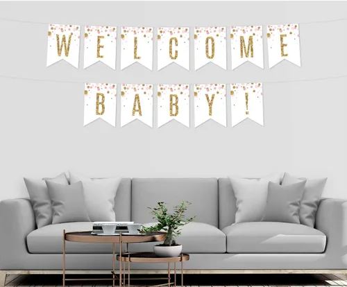 Vista 3 de Andaz Press Colección de fiesta de baby shower de niña con purpurina de oro rosa rubor, pancarta colgante con cuerda, Welcome Baby!, 5 pies, 1 juego