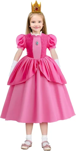 Vista 4 de Atchca Disfraz de princesa melocotón para niñas, vestido de princesa melocotón con accesorios