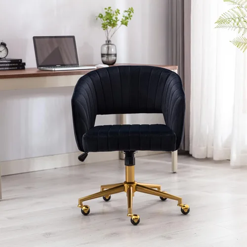 Vista 8 de Silla de oficina para el hogar, silla giratoria de terciopelo para escritorio, sillón de acento tapizado, sillas modernas capitoneadas con base Negro