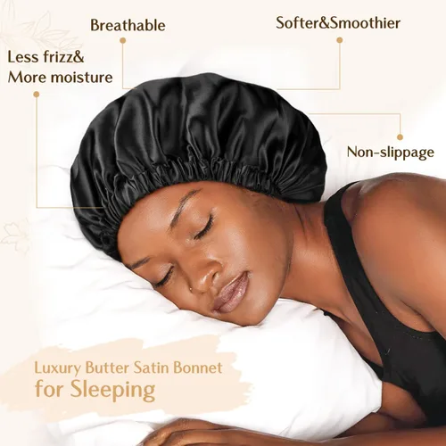 Vista 2 de YANIBEST Gorro de satén de doble capa de seda ajustable para el pelo para dormir para mujeres, cabello natural rizado para mamá