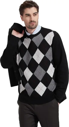 Vista 9 de Kallspin Suéter de manga larga con cuello redondo y rombos de mezcla de lana para hombre