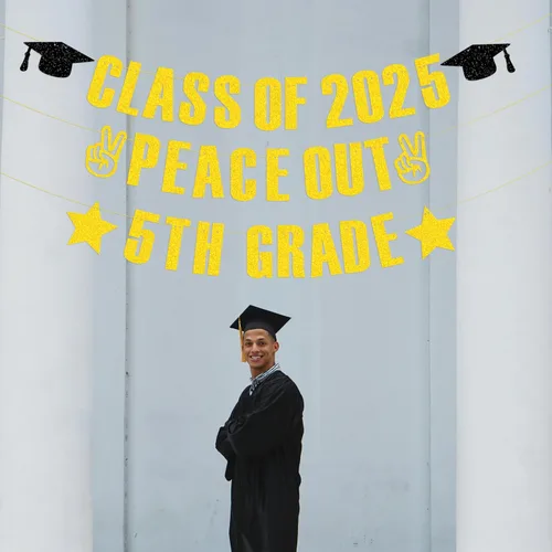 Vista 5 de Banner de 5º grado de clase de 2025, pancarta de graduación de 5º grado con purpurina dorada, decoraciones de fiesta de graduación de 5º grado 2025