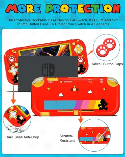Vista 5 de 6in1 Maro Switch Lite Case for Nintendo Switch Lite Carrying Cases Boy Teens Anime Durable Hard Protective Cover Dockable Skin+Thumb Grips+Game