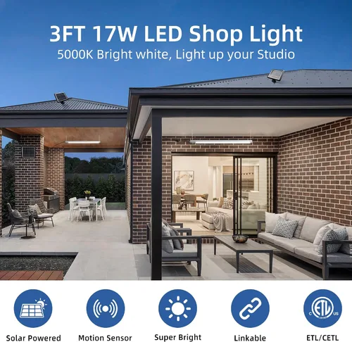 Vista 2 de hykolity Luz solar para tienda con sensor de movimiento, 3 pies 17 W (100 W equivalente) Luz LED integrada IP65 impermeable con sensor