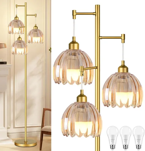 Vista 14 de QIYIZM Lámpara de pie para sala de estar, dormitorio, estilo granja, arco, ratán, boho, lámpara de pie con control remoto regulable, pantalla