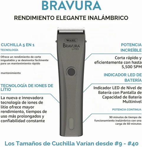 Vista 2 de Kit corta uñas profesional Bravura con cable/inalámbrico para mascotas, de la marca Wahl, Gris plomizo