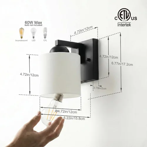 Vista 2 de mirrea Lámpara de tocador negra de 1 luz para espejo, aplique de pared de baño con pantallas de vidrio blanco esmerilado