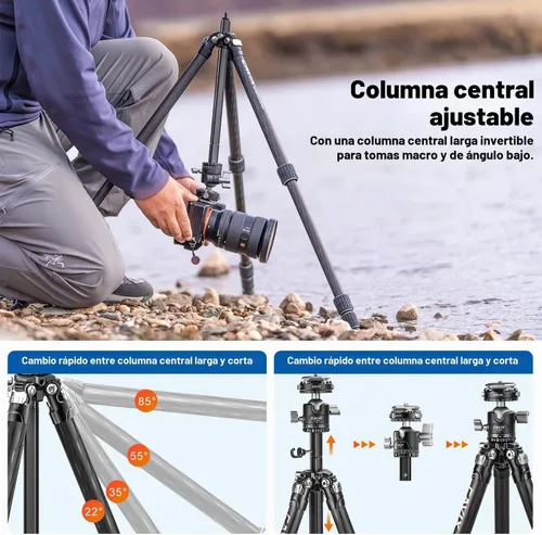 Vista 5 de CAVIX Trípode de fibra de carbono de 57 pulgadas/57.1 in, trípode ligero para cámara, cabezal de bola de trípode panorámico de 360°, placa QR Arca
