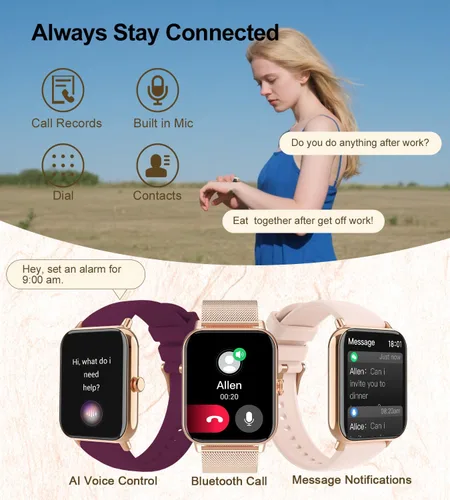 Vista 2 de Reloj inteligente para mujer con respuesta de llamadas Bluetooth, reloj de fitness con esfera de 1.85 pulgadas con monitor de sueño de frecuencia