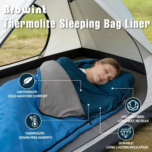 Vista 5 de BROWINT Forro 100% Thermolite para saco de dormir con 2 cremalleras, momia con capucha y rectangular para campamento; saco de dormir para adultos