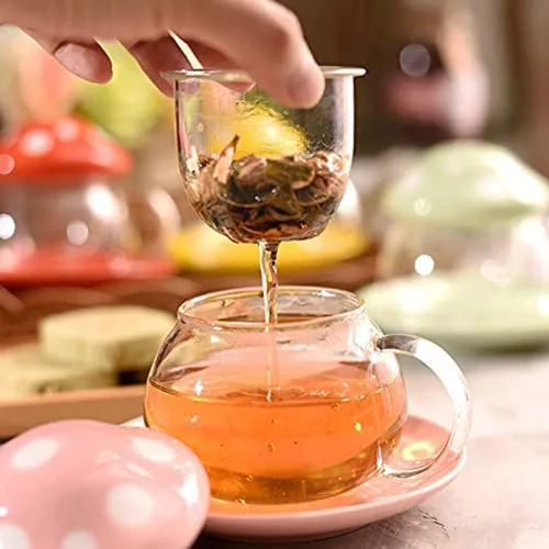 Vista 3 de Taza de té de cristal con forma de hongo Juego de platillo de té taza de café con taza de filtro
