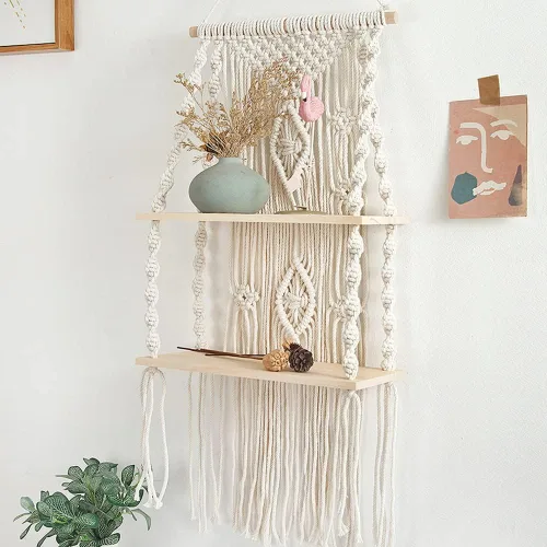 Vista 5 de Estante de macramé para colgar en la pared, estantes bohemios para colgar en la pared de plantas pequeñas, marcos de fotos, decoración del hogar, 2T