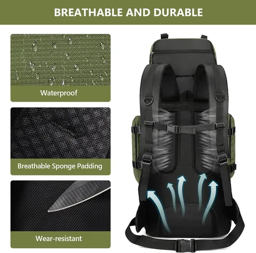 Vista 5 de Mochila de senderismo de 90L, bolsa de camping impermeable con cubierta de lluvia, mochila ligera para mochileros, sin marco